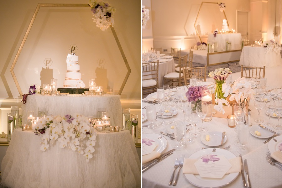 30_Ritz Carlton Laguna Niguel Wedding by KLK Photography_Reception Details Cake behind Sweetheart Table Modern Hexagon Frame